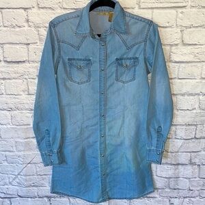 Vtg Wrangler Snap Down Light Blue Denim Western Wear Jean Chambray Classic Dress